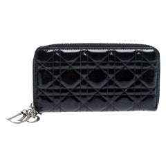 Used Dior Black Cannage Quilted Patent Leather Zip Around Lady Dior Wallet