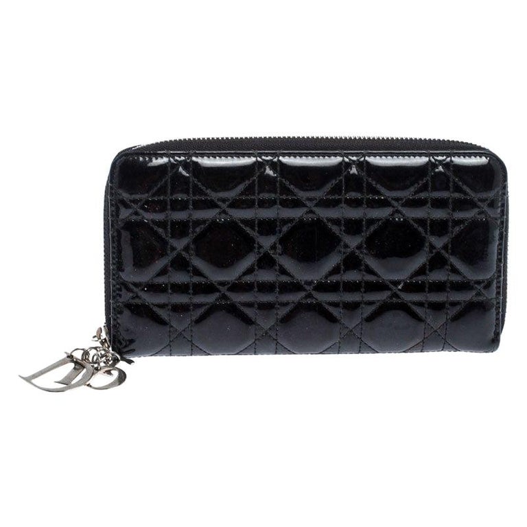 Dior Black Cannage Quilted Patent Leather Zip Around Lady Dior Wallet ...