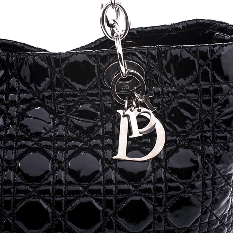 Women's Dior Black Cannage Quilted Soft Patent Leather Large Shopper Tote