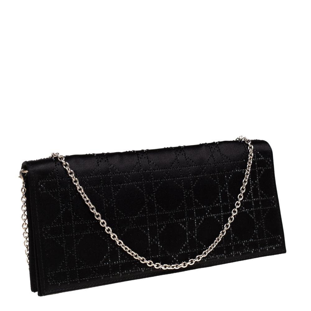 Women's Dior Black Cannage Satin Crystal Embellished Chain Clutch