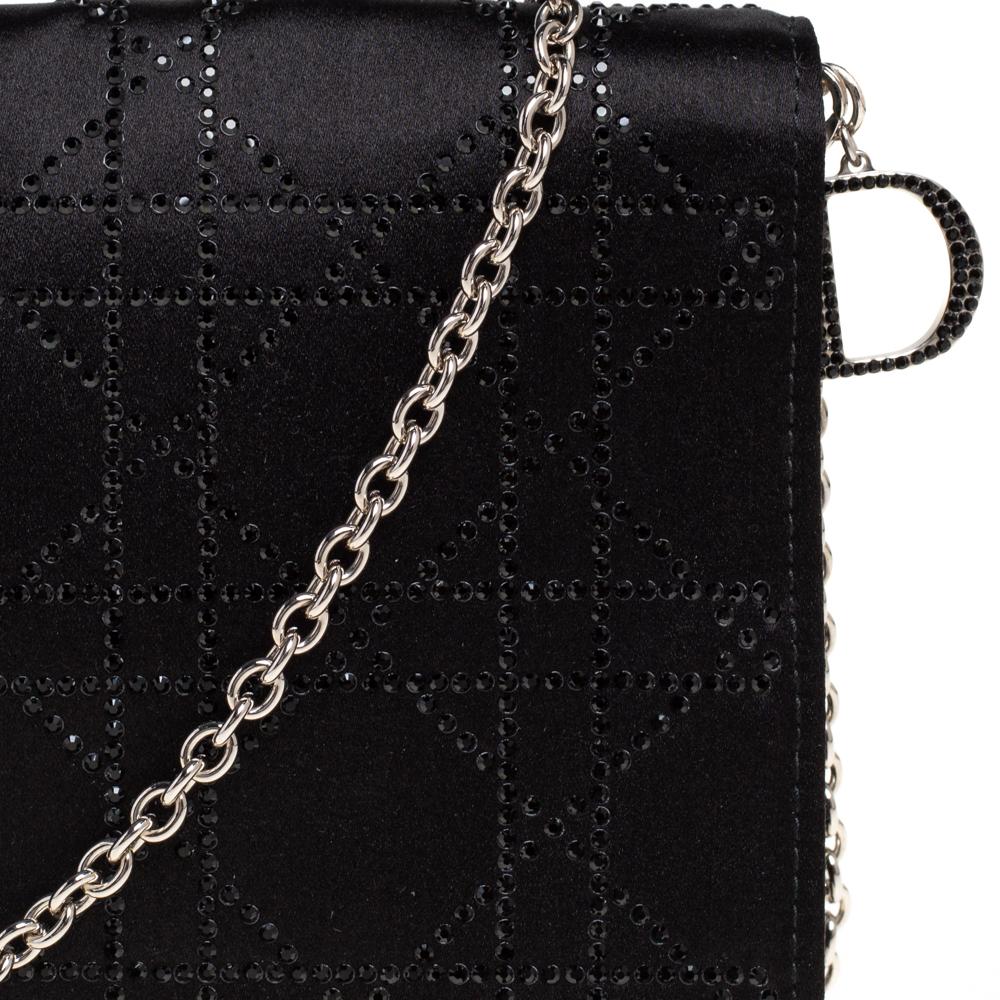 Dior Black Cannage Satin Crystal Embellished Chain Clutch 2