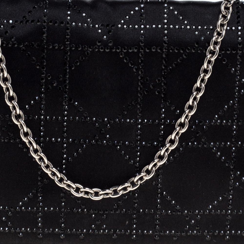 Dior Black Cannage Satin Crystal Embellished Chain Clutch 5