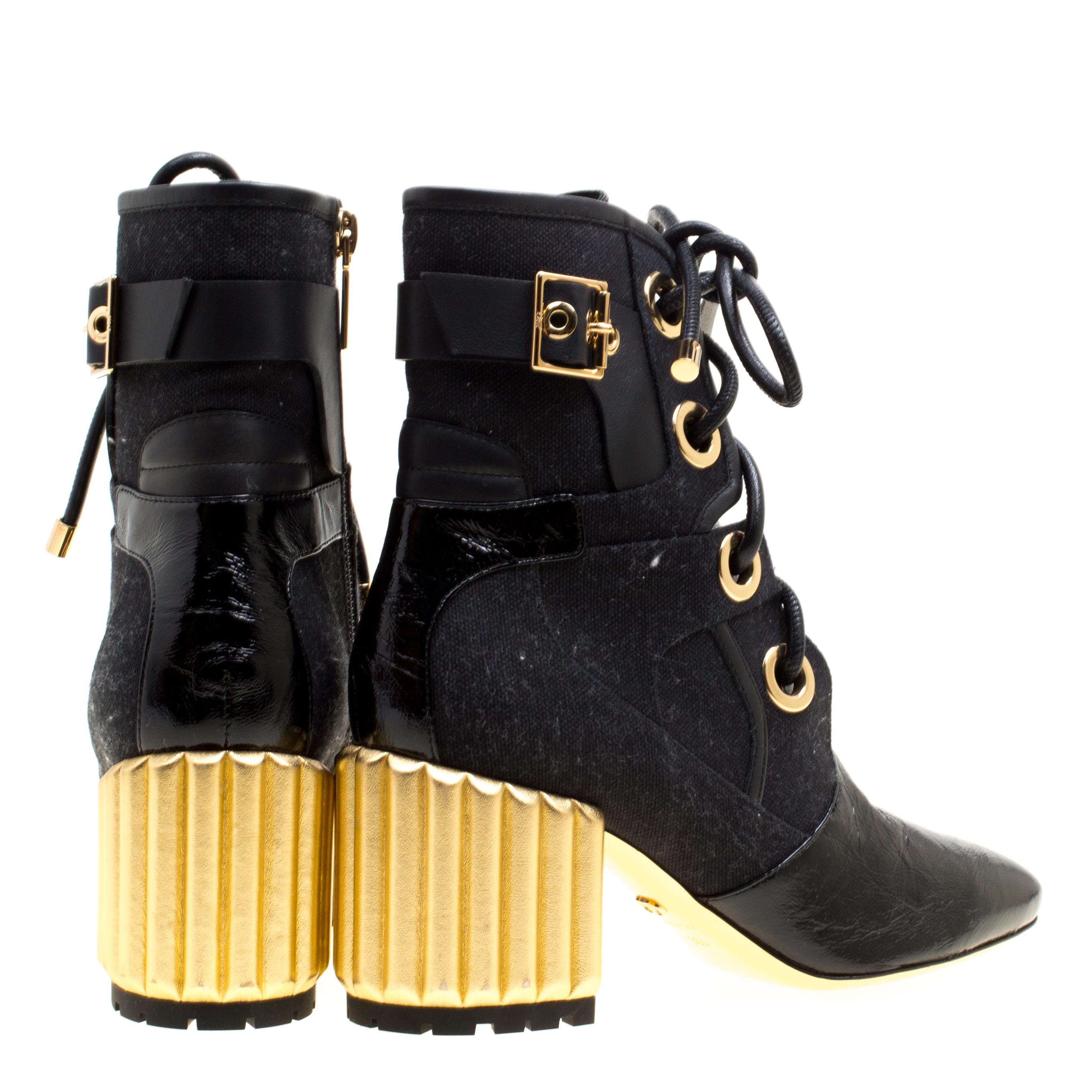Women's Dior Black Canvas and Crinkled Leather Sculpted Block Heel Ankle Boots Size 35.5 For Sale