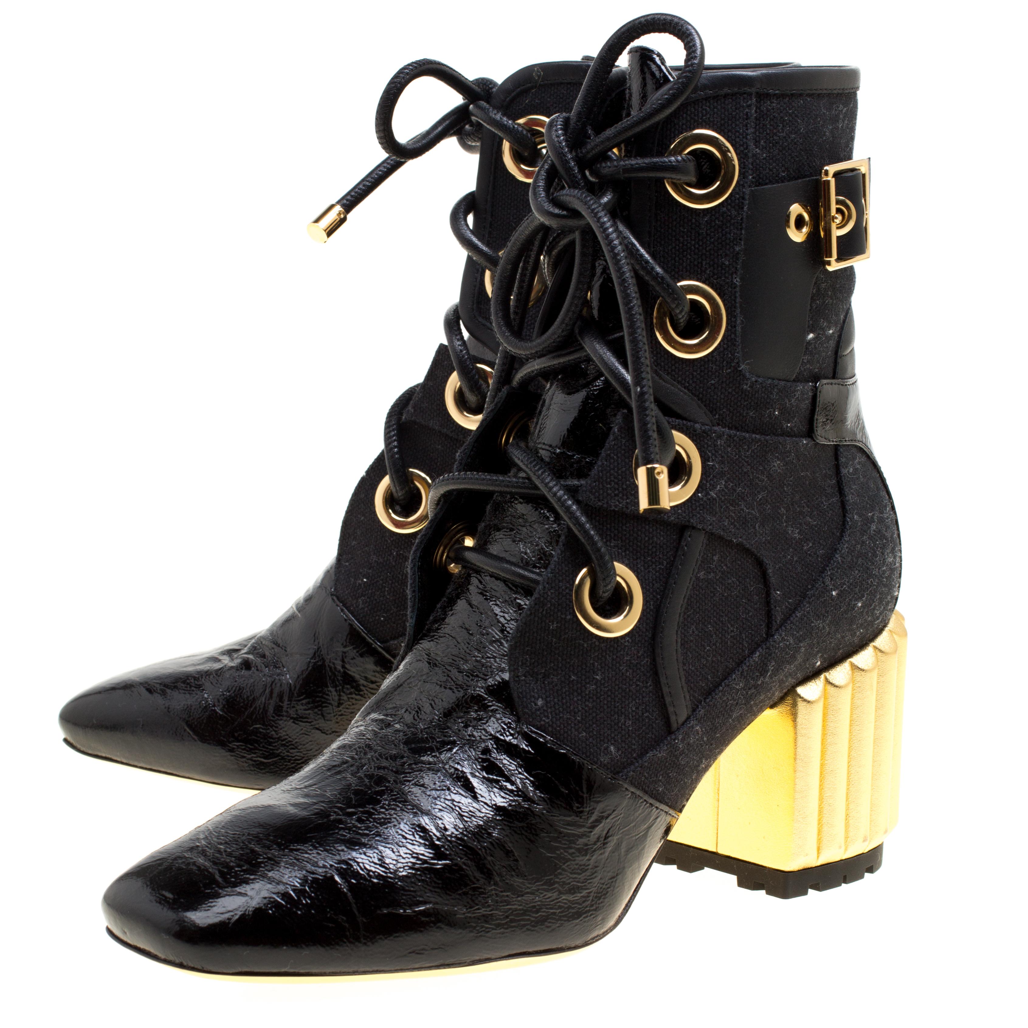 Dior Black Canvas and Crinkled Leather Sculpted Block Heel Ankle Boots Size 35.5 For Sale 1