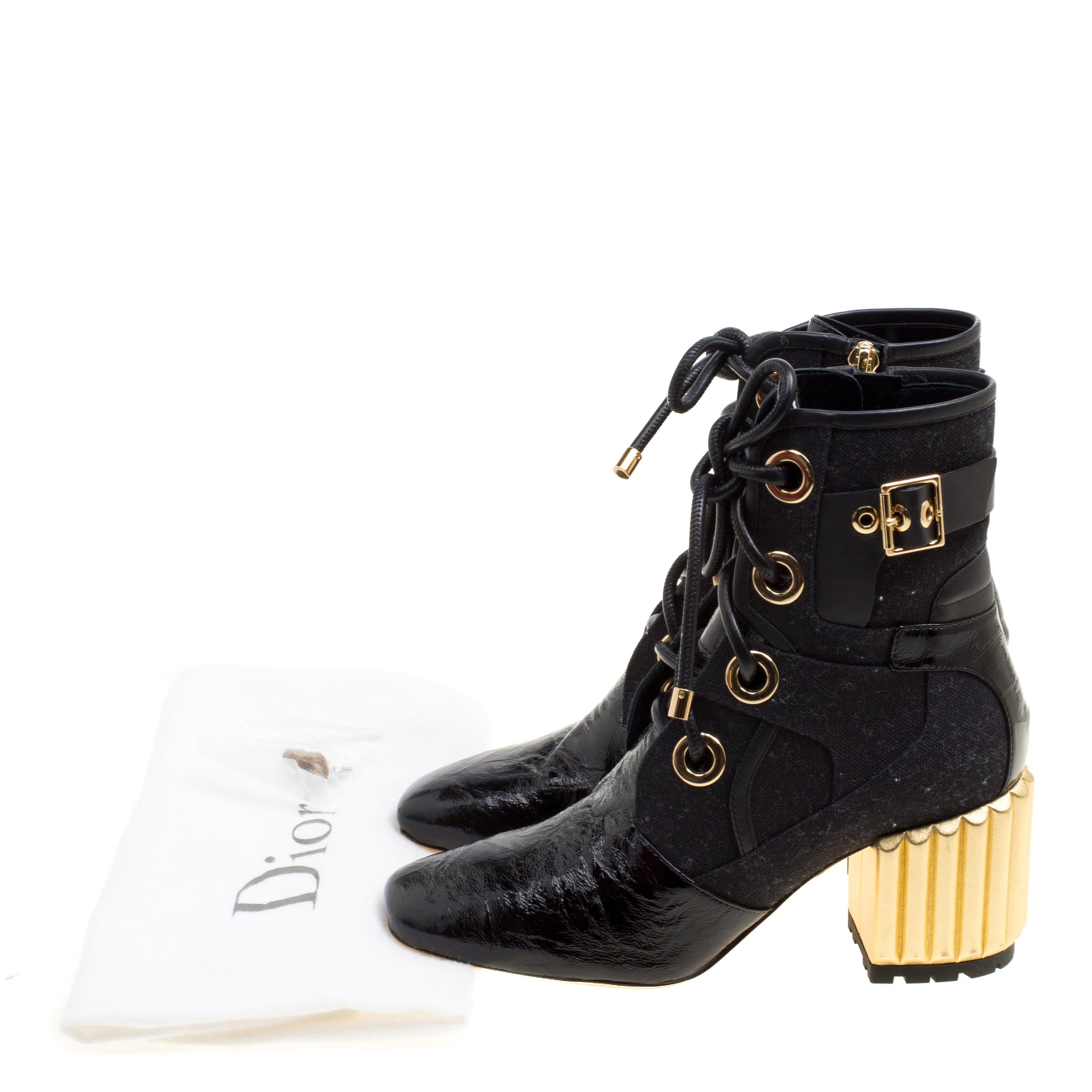 Dior Black Canvas and Crinkled Leather Sculpted Block Heel Ankle Boots Size 35.5 For Sale 3