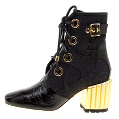 Dior Black Canvas and Crinkled Leather Sculpted Block Heel Ankle Boots Size 35.5