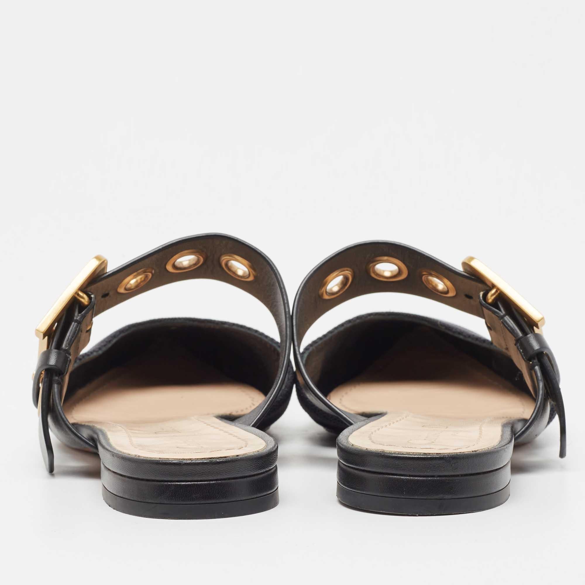 Dior Black Canvas and Leather D-Dior Flat Mules Size 38.5 1