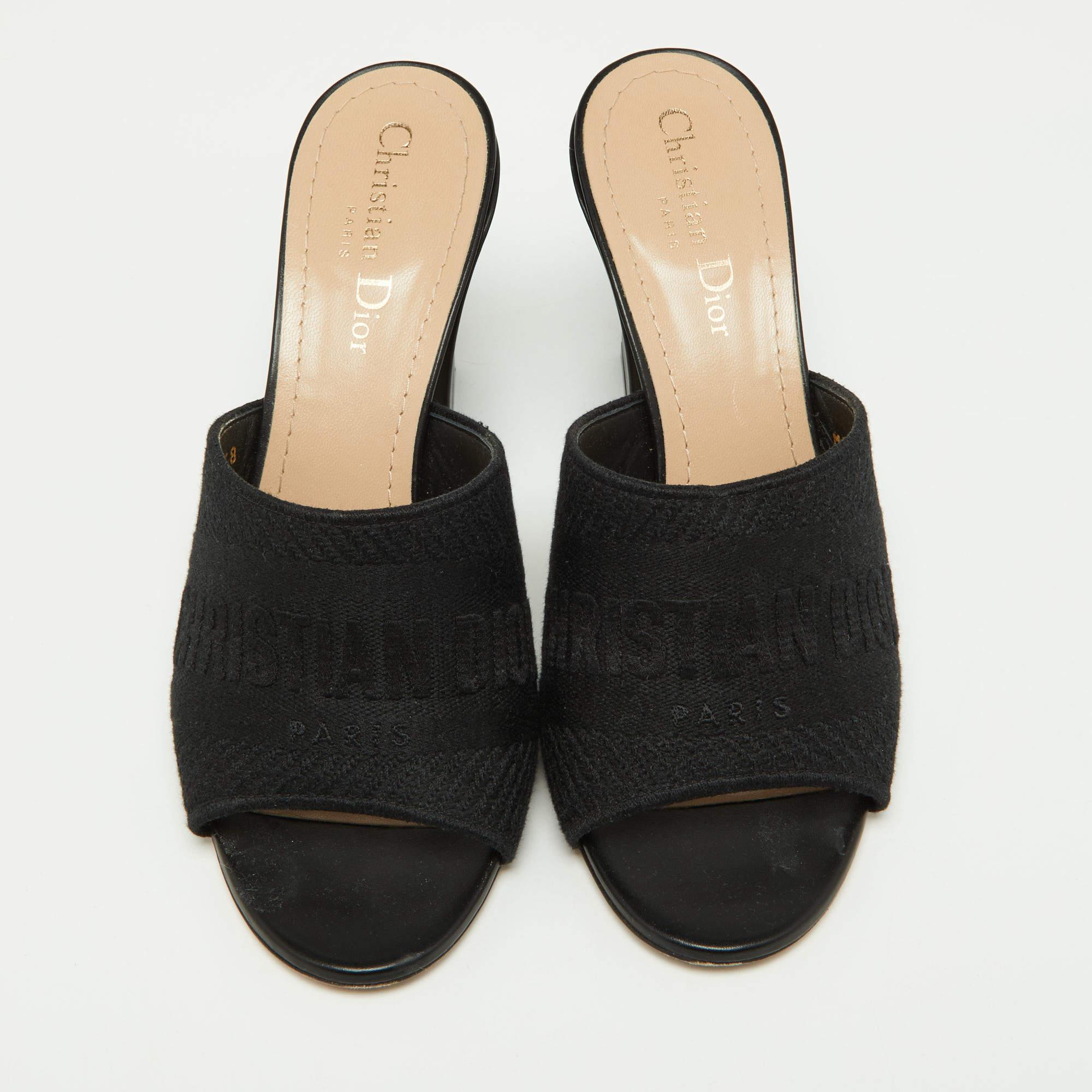 Dior Black Canvas and Leather Dway Block Heel Slide Sandals Size 38 1