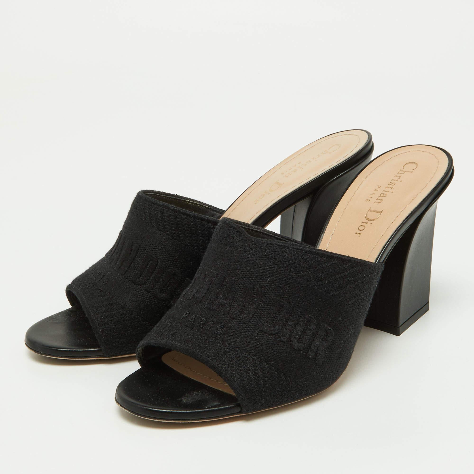 Dior Black Canvas and Leather Dway Block Heel Slide Sandals Size 38 2