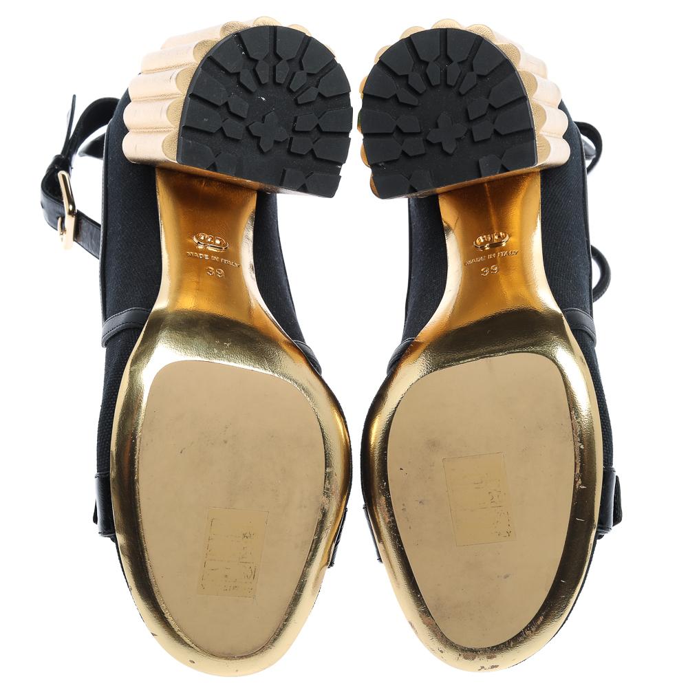 Women's Dior Black Canvas And Leather Glorious Ankle Strap Block Heel Sandals Size 39
