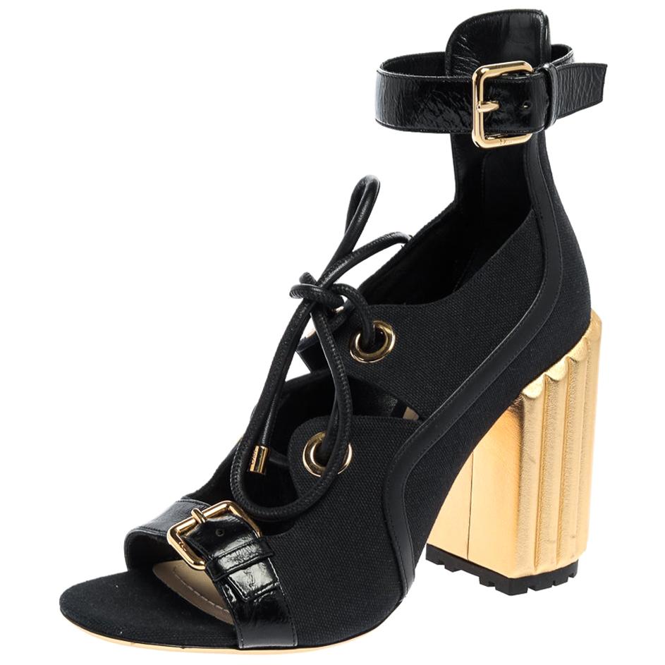 Dior Black Canvas And Leather Glorious Ankle Strap Block Heel Sandals Size 39
