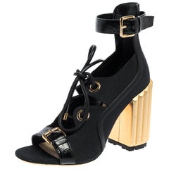 Dior Black Canvas And Leather Glorious Ankle Strap Block Heel Sandals Size 39