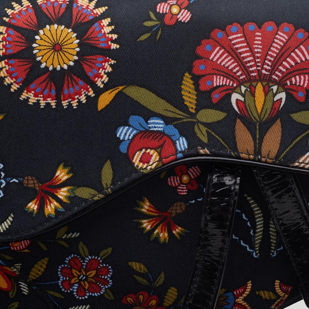 Dior Black Canvas And Leather Vintage Floral Print Saddle Bag 6