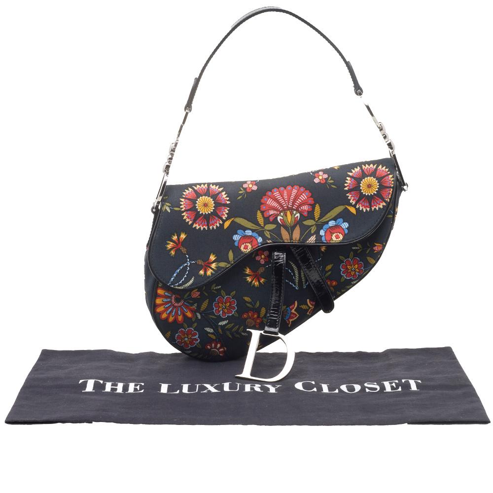 Dior Black Canvas And Leather Vintage Floral Print Saddle Bag 8