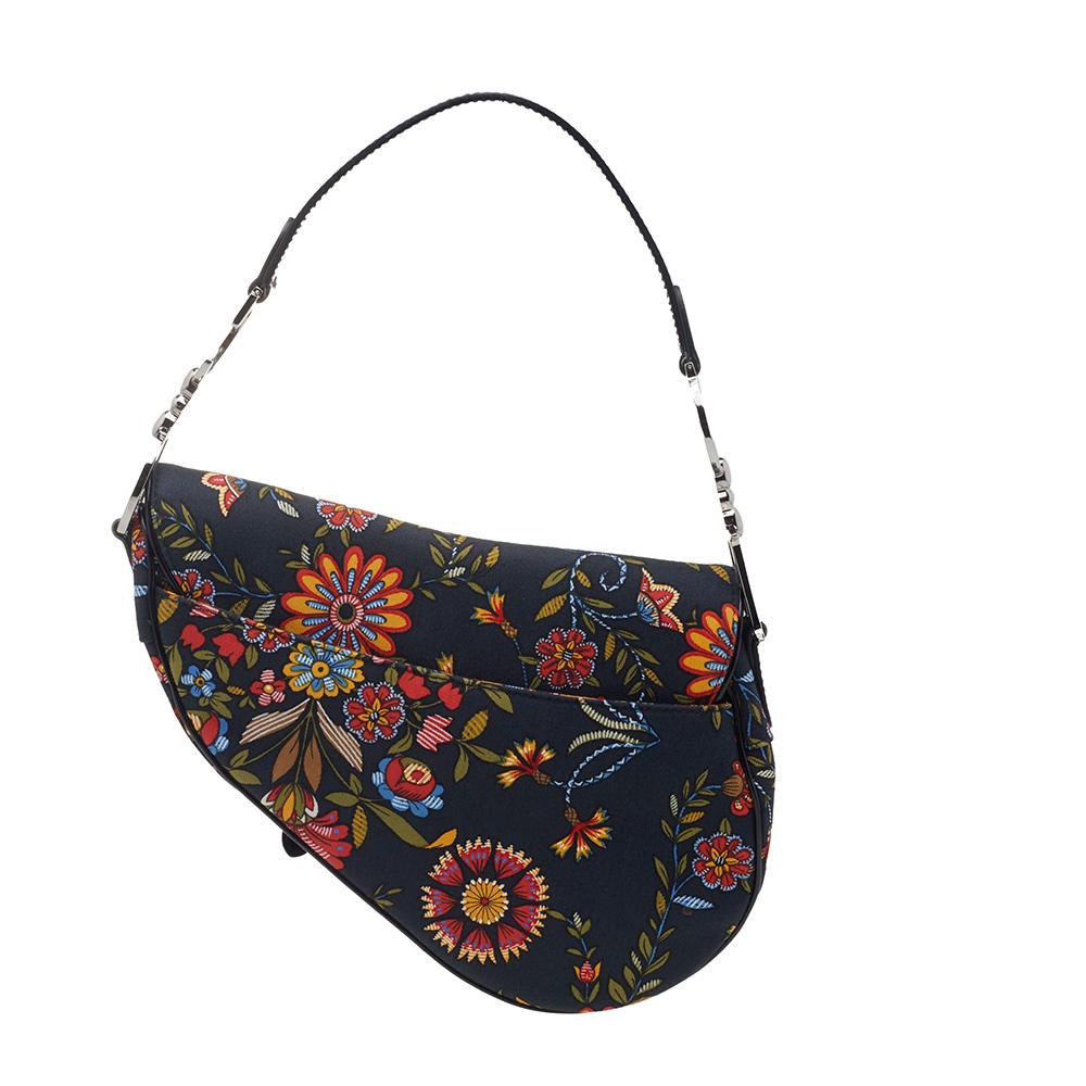 Dior Black Canvas And Leather Vintage Floral Print Saddle Bag In Good Condition In Dubai, Al Qouz 2