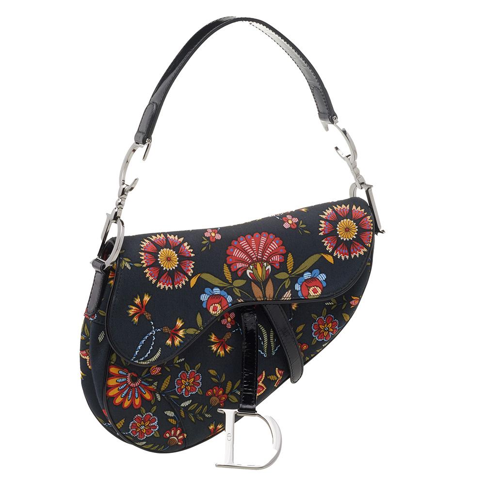 Dior Black Canvas And Leather Vintage Floral Print Saddle Bag 4