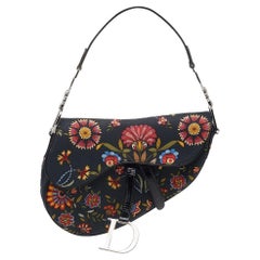 Dior Black Canvas And Leather Vintage Floral Print Saddle Bag