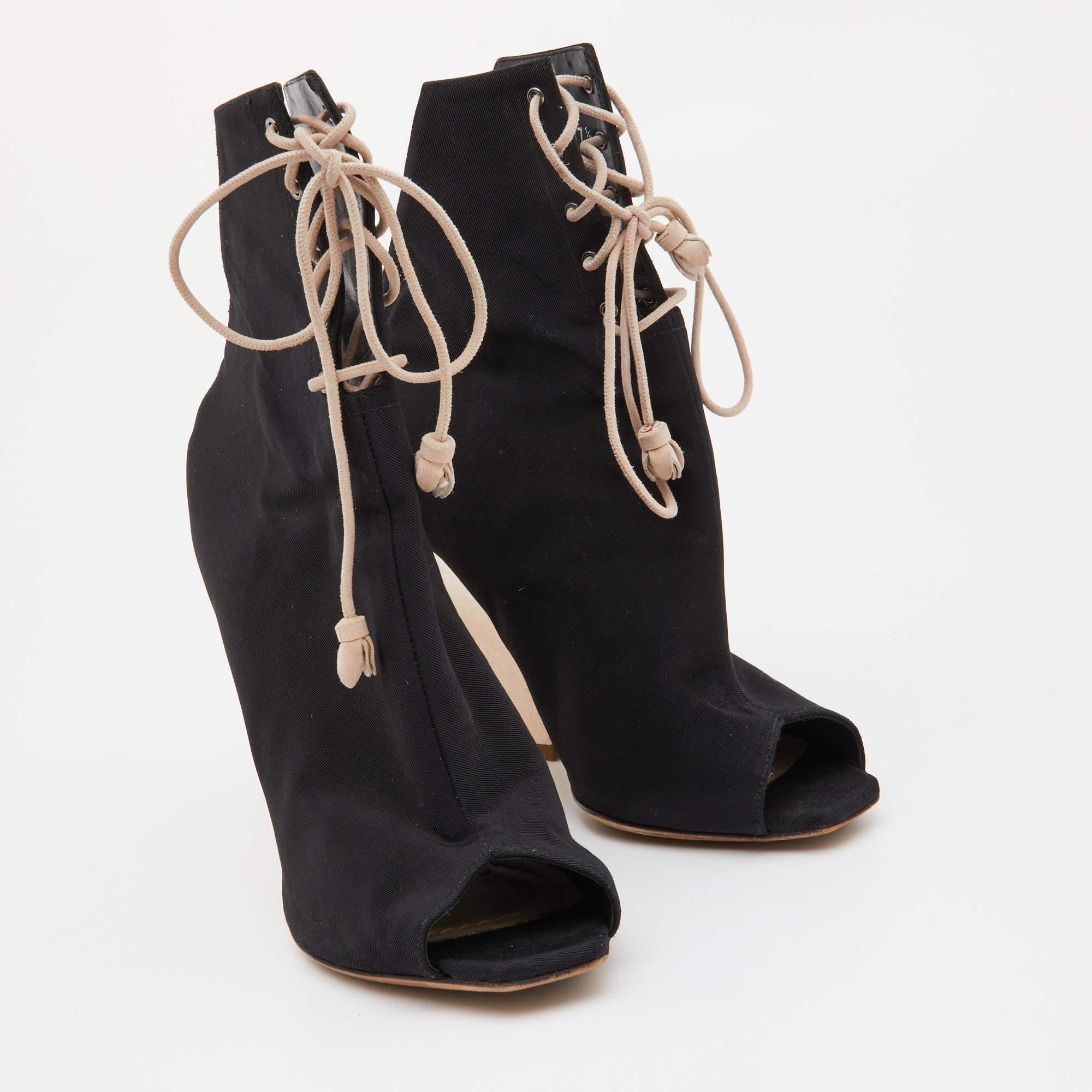 Dior Black Canvas Open Toe Lace Up Ankle Booties Size 37.5 In Good Condition For Sale In Dubai, Al Qouz 2