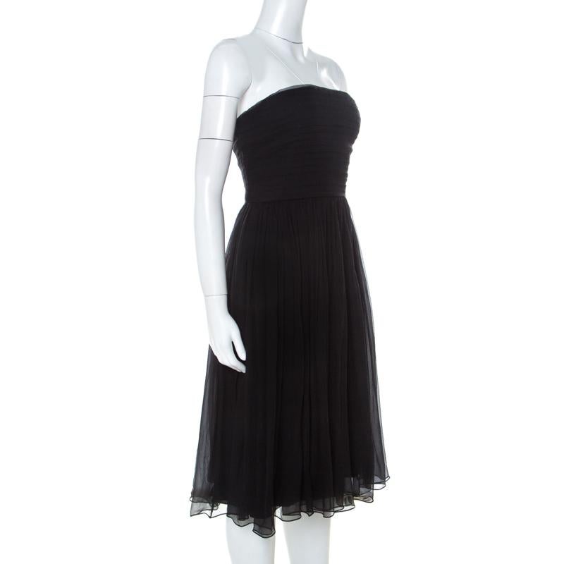 Dior Black Chiffon Silk Strapless Gathered Dress S In Good Condition In Dubai, Al Qouz 2