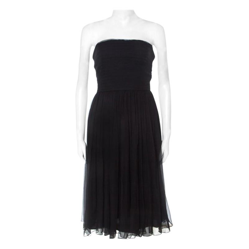 Dior Black Chiffon Silk Strapless Gathered Dress S