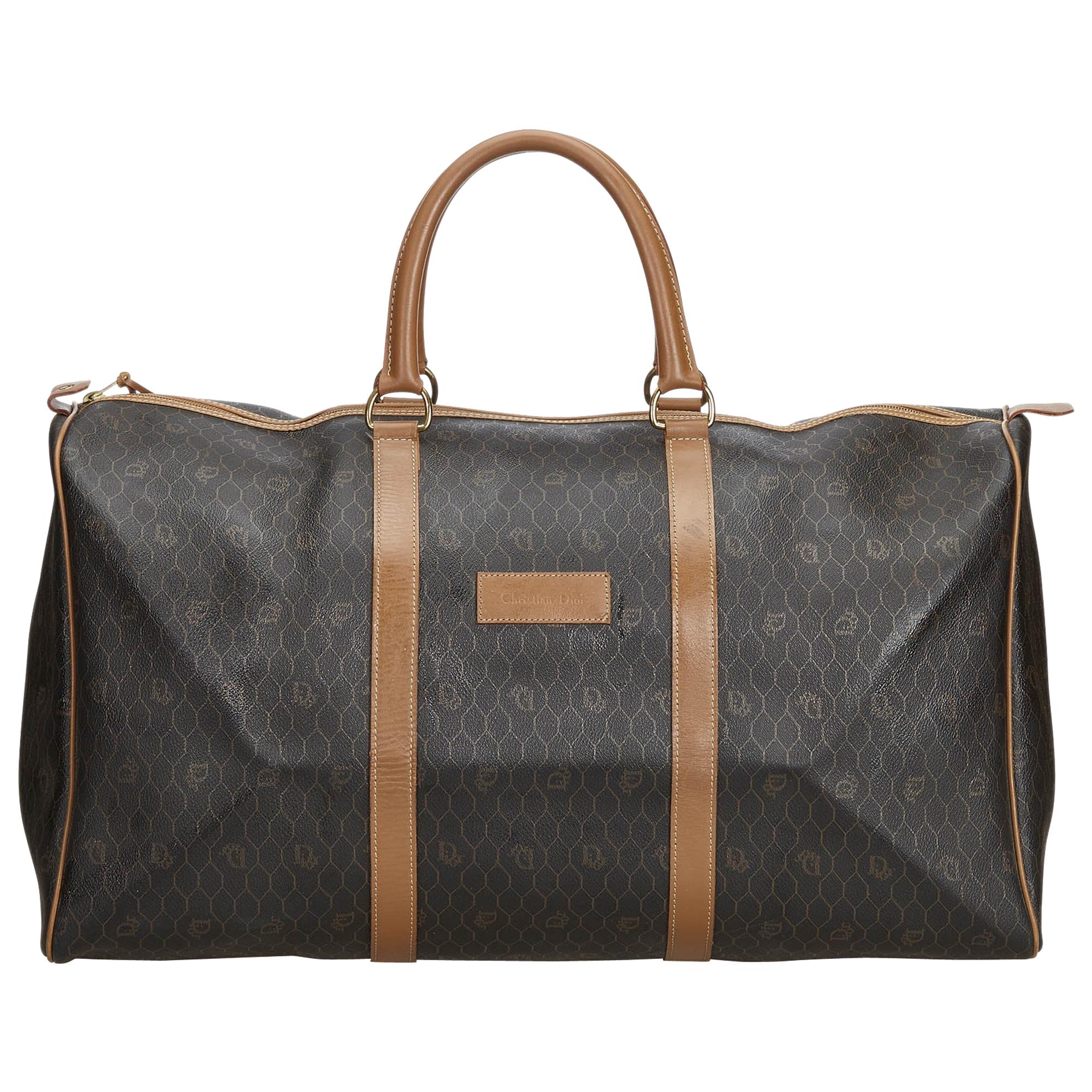 CHRISTIAN DIOR Brown Monogram Canvas and Leather Weekender Travel Bag