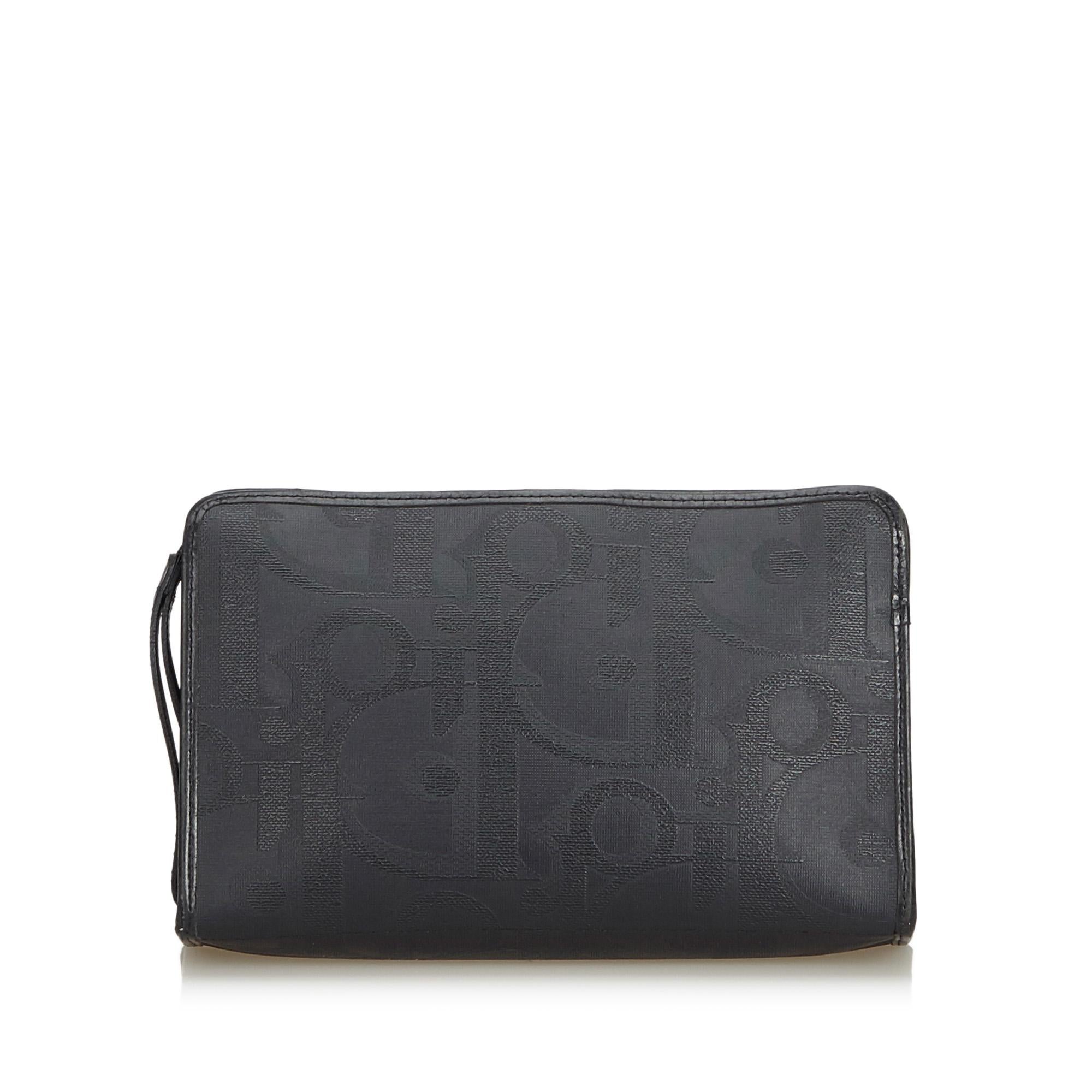 Dior Black Coated Canvas Fabric Oblique Clutch Bag France In Good Condition For Sale In Orlando, FL
