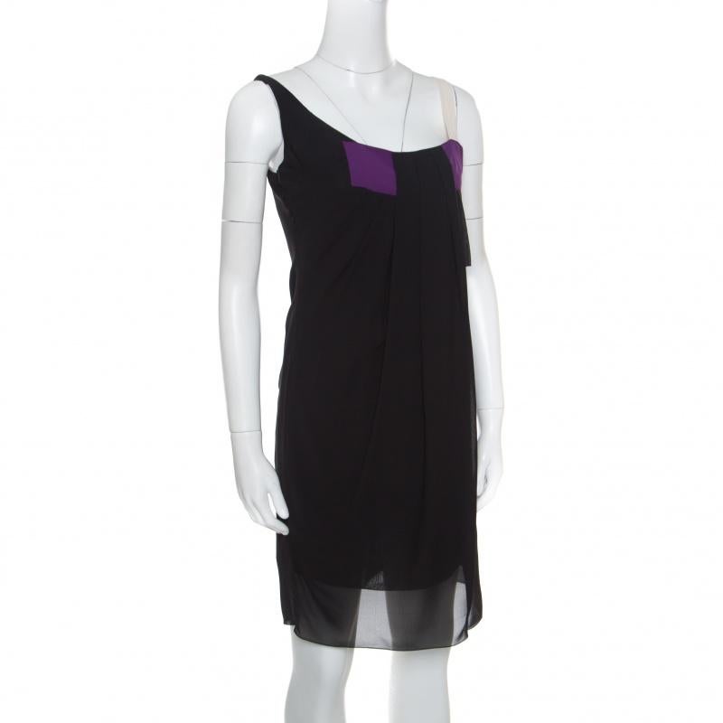 Dior Black Colorblock Silk Draped Front Sleevless Dress M In Good Condition In Dubai, Al Qouz 2