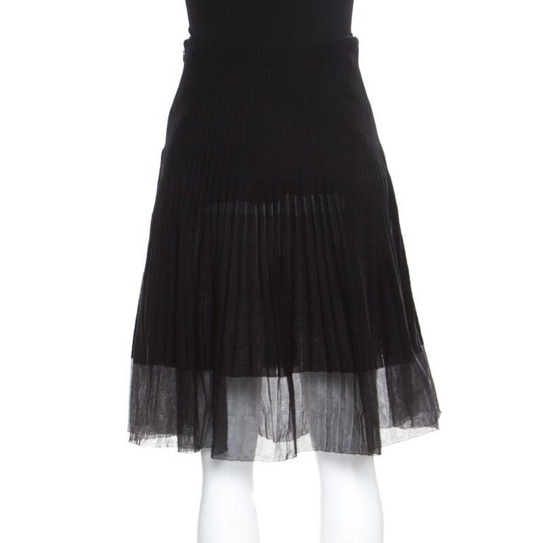 Dior Black Cotton Pleated Sheer Hem Detail Flared Midi Skirt M For Sale
