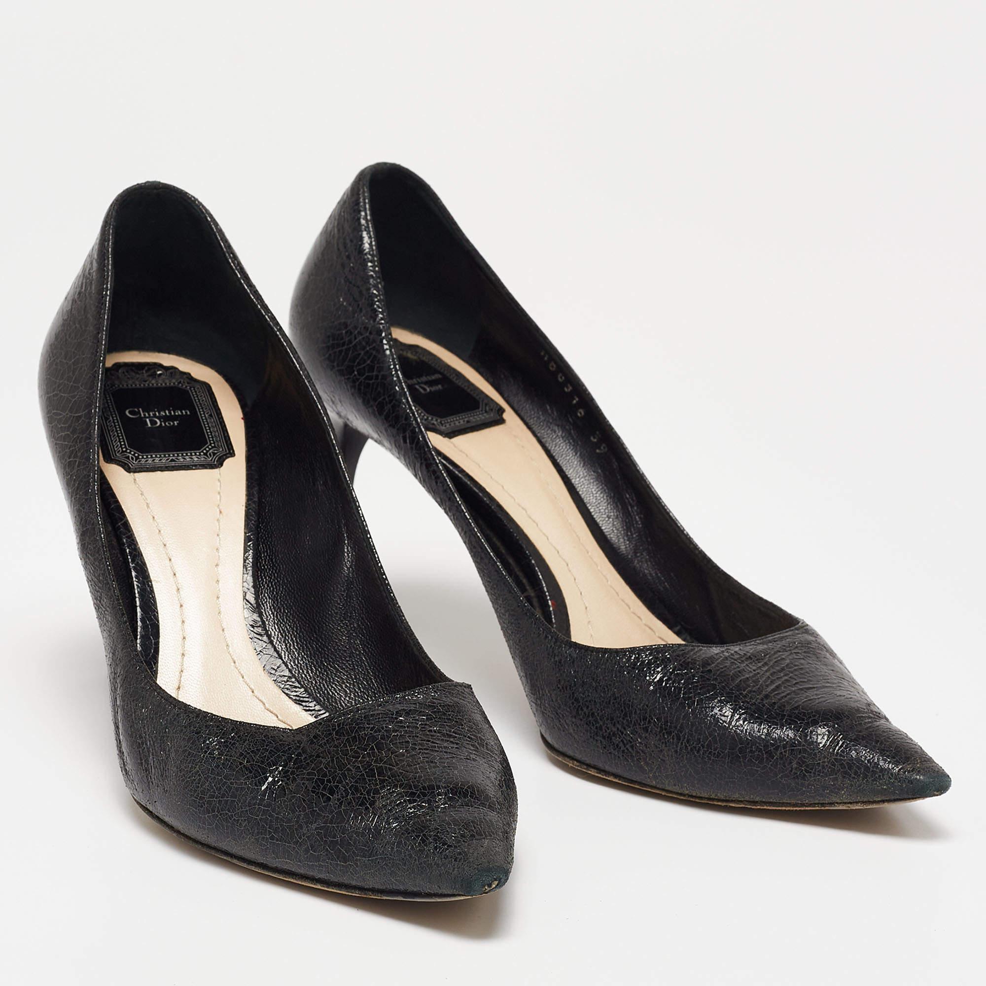 Women's Dior Black Crackled Leather Pointed Toe Pumps Size 39