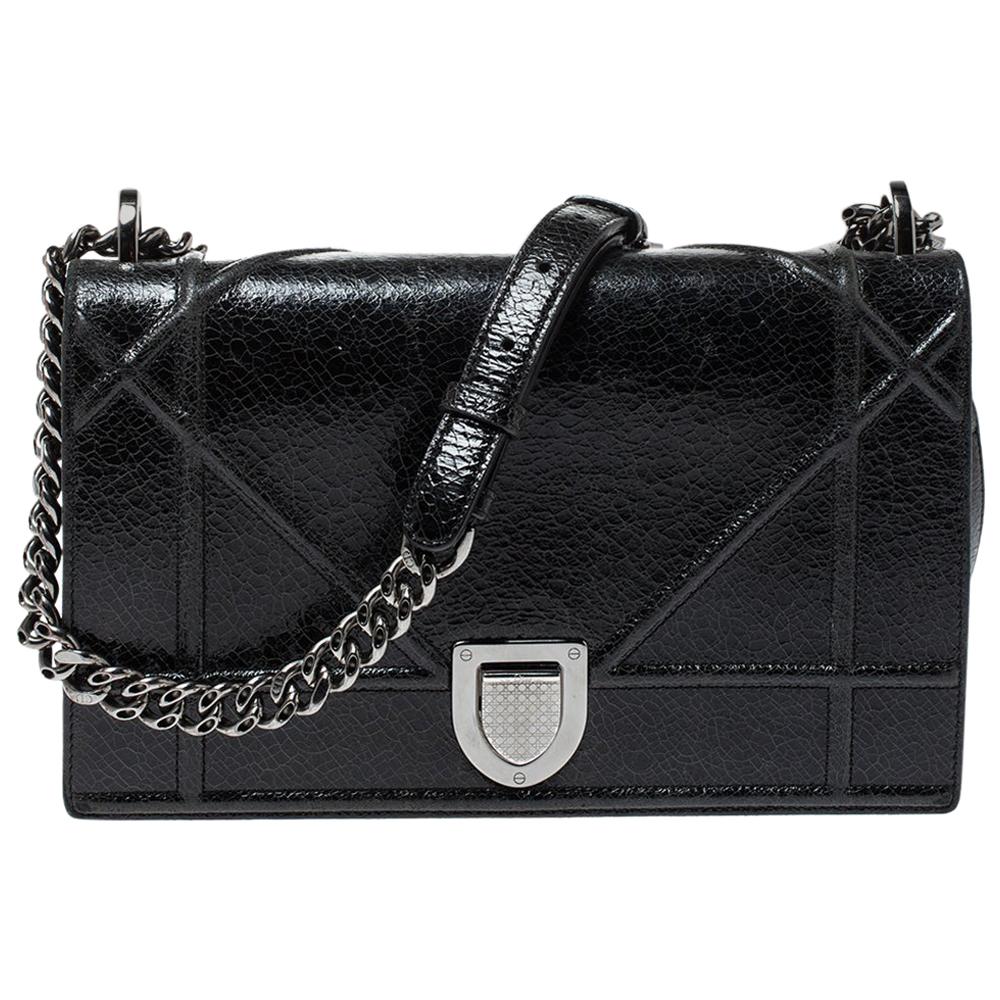 Dior Black Crackled Patent Leather Medium Diorama Shoulder Bag at 1stDibs