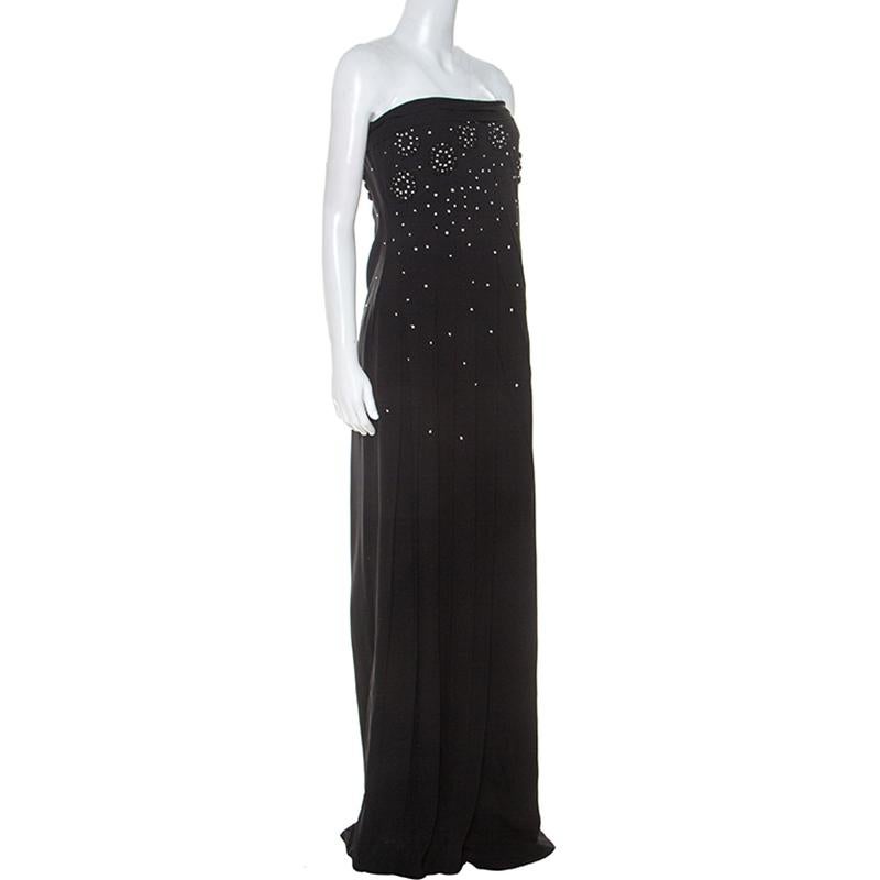 Dior Black Crepe Pleat Detail Embellished Strapless Gown In Excellent Condition In Dubai, Al Qouz 2