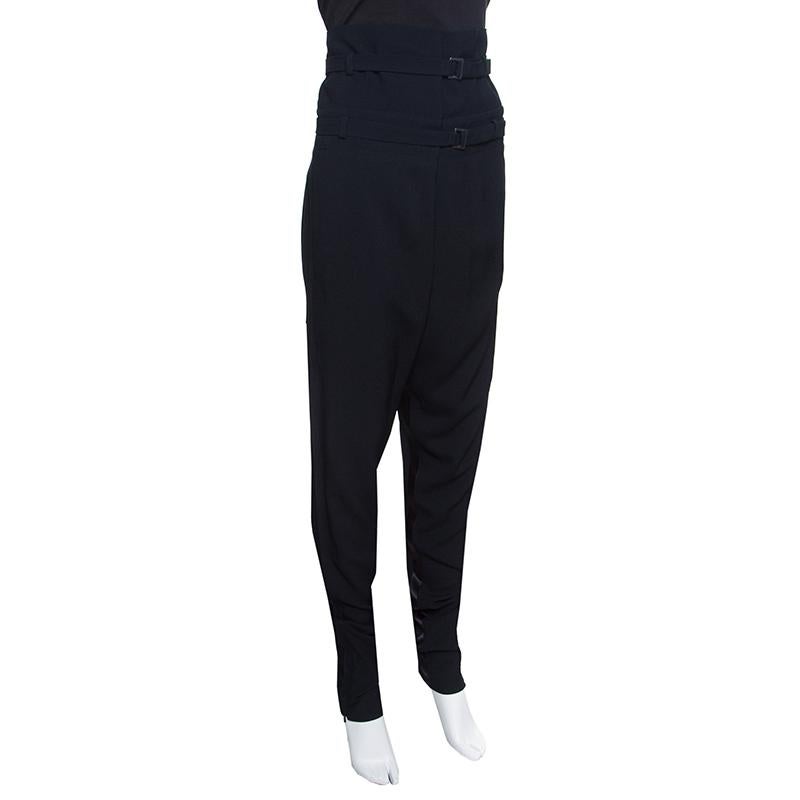 Dior Black Crepe Silk Trim High Waist Fold Over Pants M In Good Condition In Dubai, Al Qouz 2