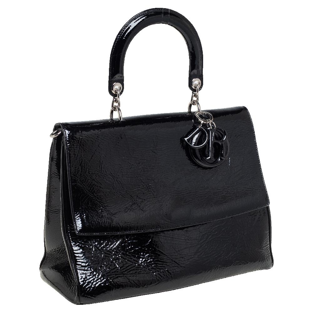 Women's Dior Black Crinkled Patent Leather Be Dior Flap Top Handle Bag