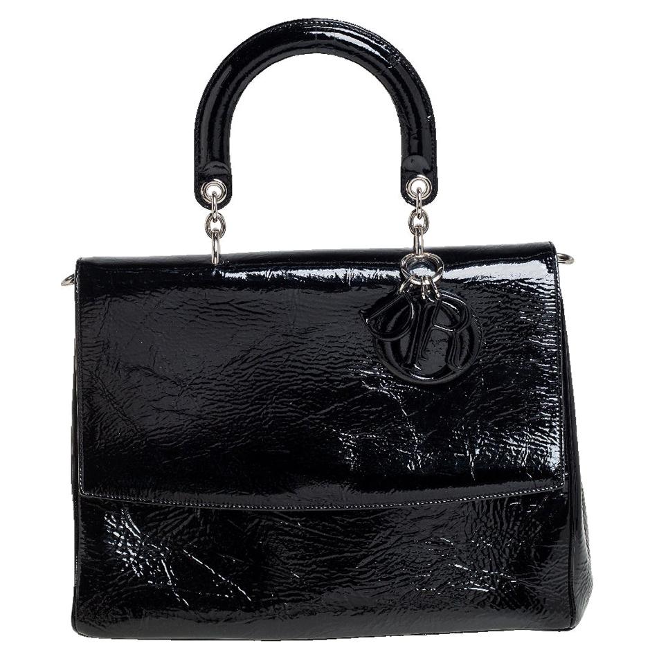 Dior Black Crinkled Patent Leather Be Dior Flap Top Handle Bag
