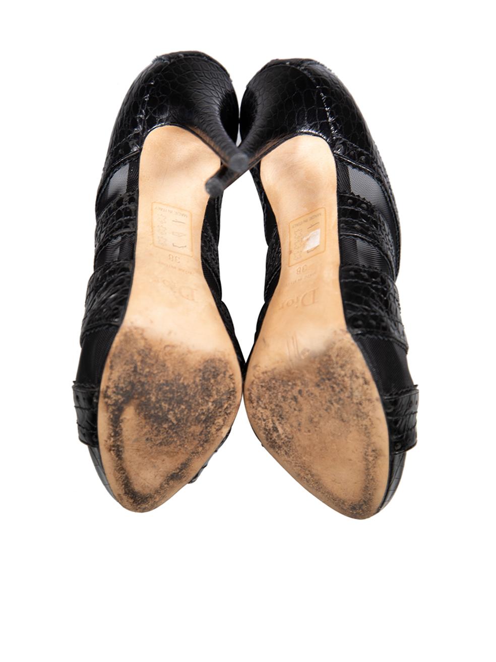 Dior Black Croc Embossed Leather Mesh Panel Heels Size IT 38 Pour femmes en vente