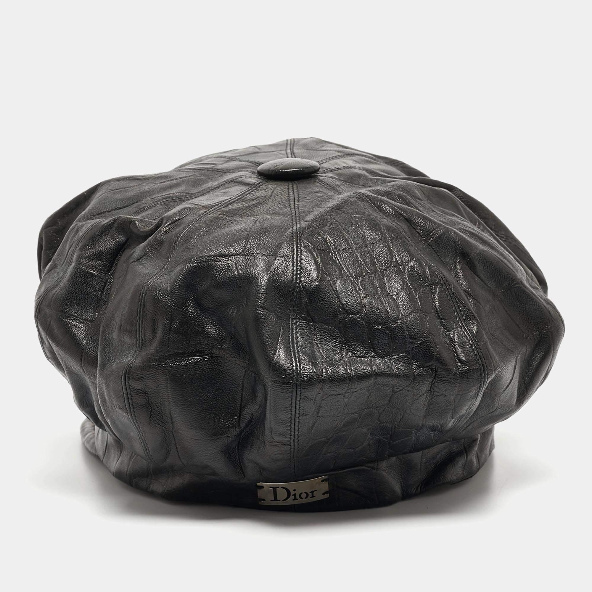 Dior Schwarze Newsboy-Kappe aus Leder mit Krokodillederprägung im Angebot 1