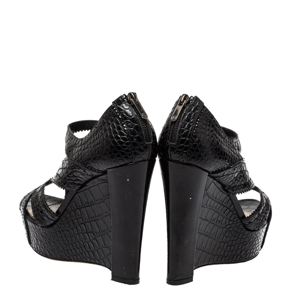 Dior Black Croc Embossed Leather Wedge Platform Strappy Sandals Size 38.5 In Good Condition In Dubai, Al Qouz 2