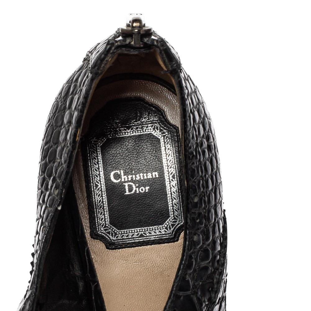 Dior Black Croc Embossed Leather Wedge Platform Strappy Sandals Size 38.5 1