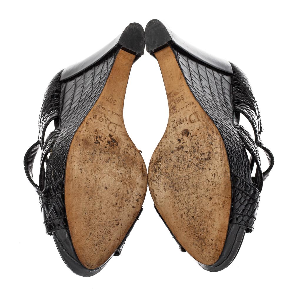 Dior Black Croc Embossed Leather Wedge Platform Strappy Sandals Size 38.5 2