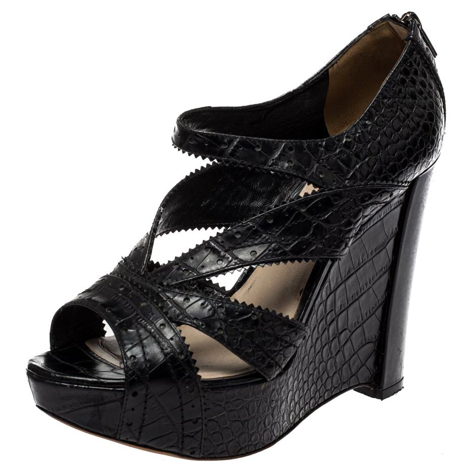 Dior Black Croc Embossed Leather Wedge Platform Strappy Sandals Size 38.5