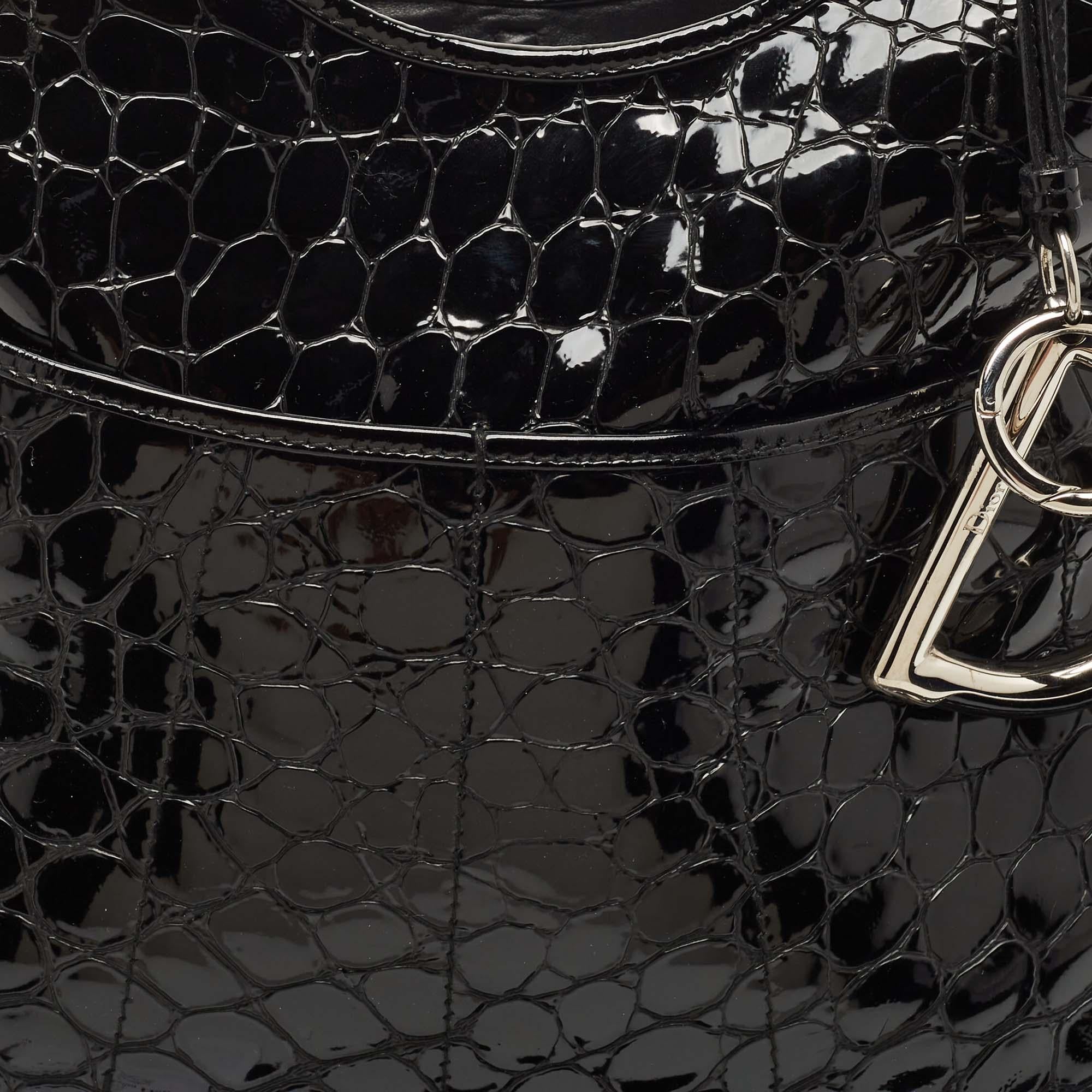 Dior Black Croc Embossed Patent Leather 61 Hobo 8