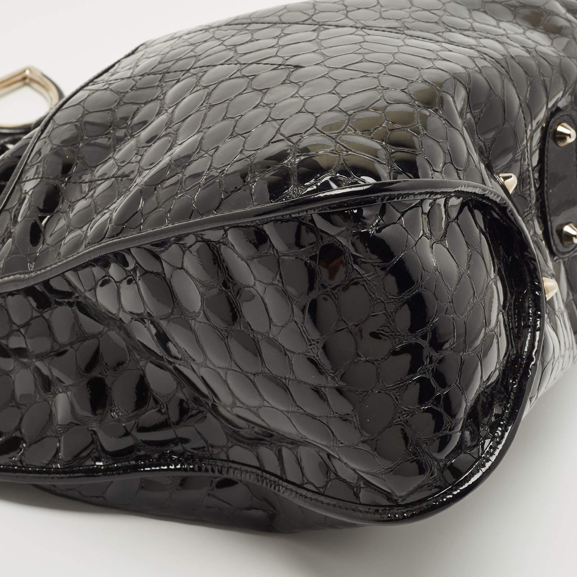 Dior Black Croc Embossed Patent Leather 61 Hobo 9