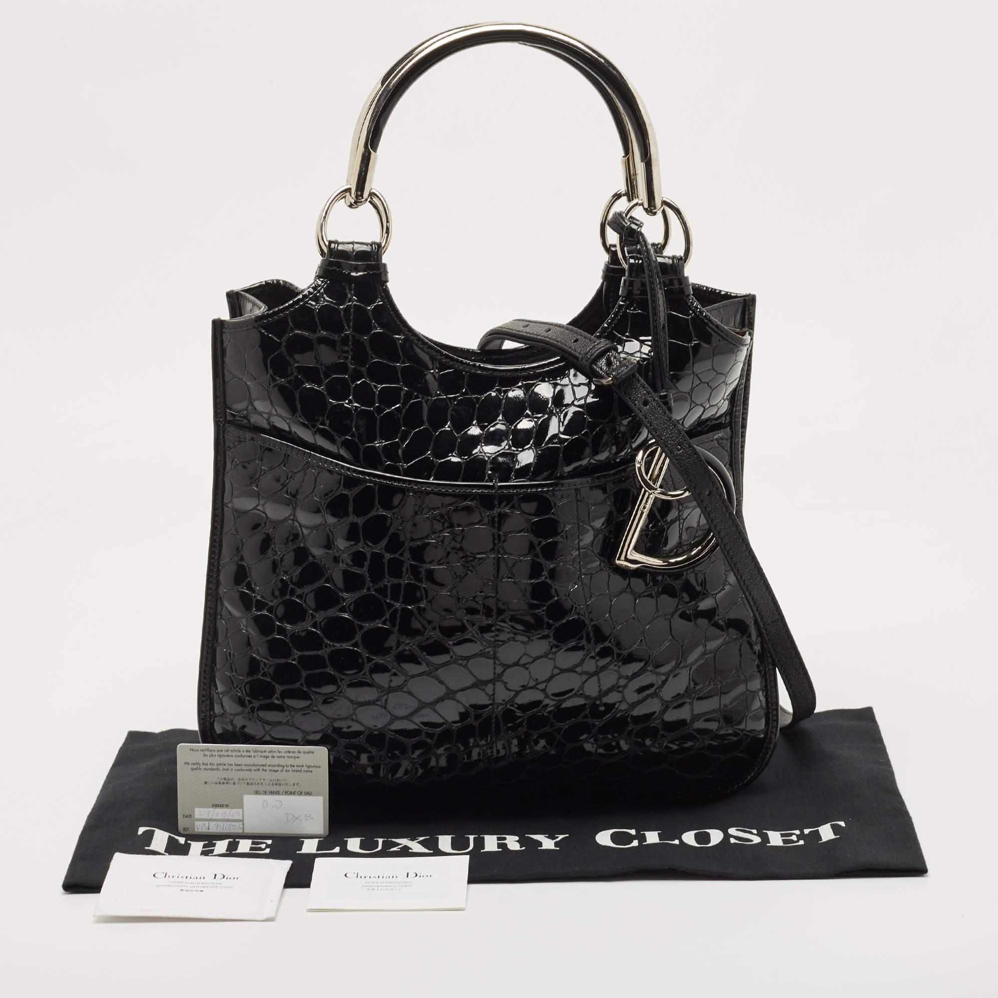 Dior Black Croc Embossed Patent Leather 61 Hobo 11