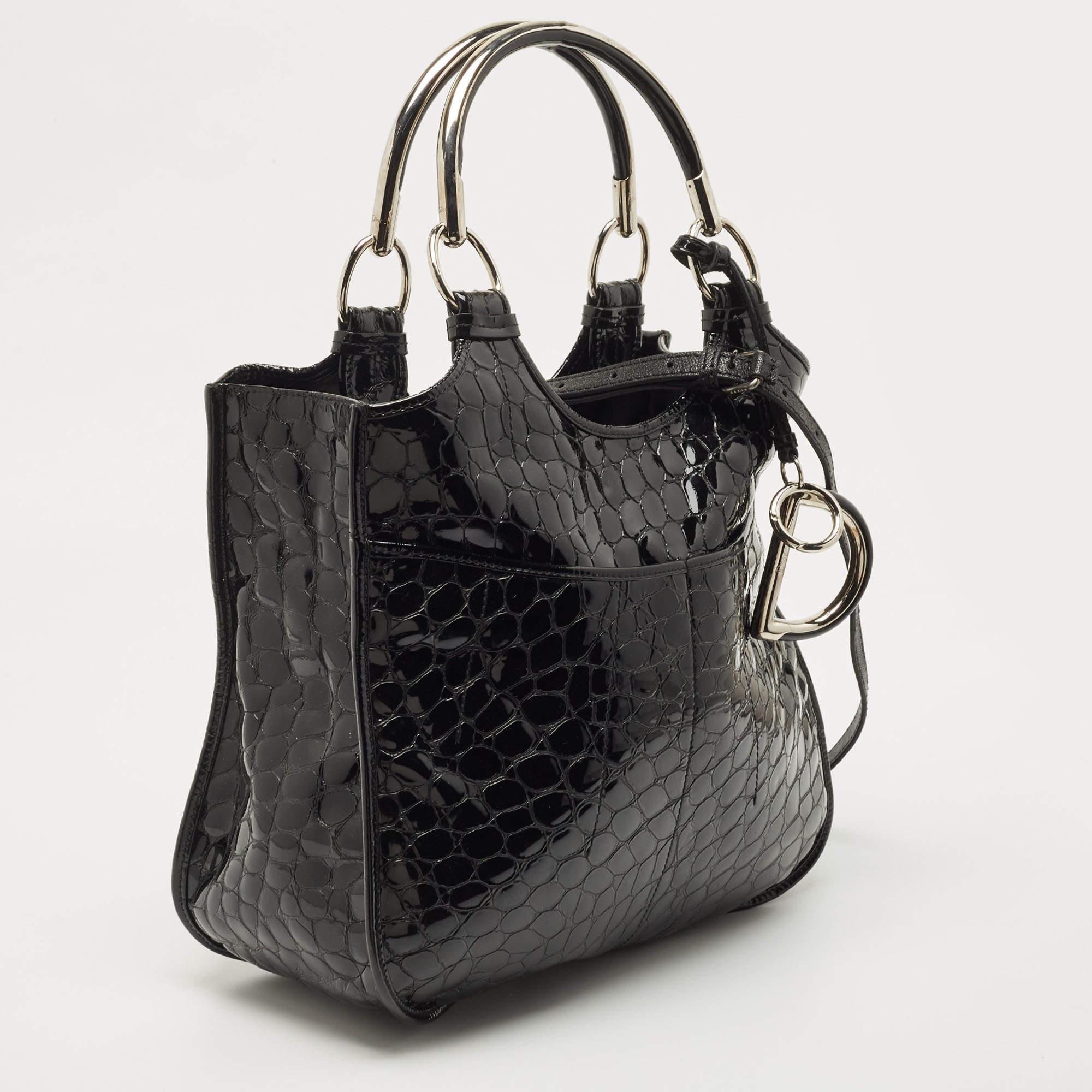 Dior Black Croc Embossed Patent Leather 61 Hobo In Good Condition In Dubai, Al Qouz 2