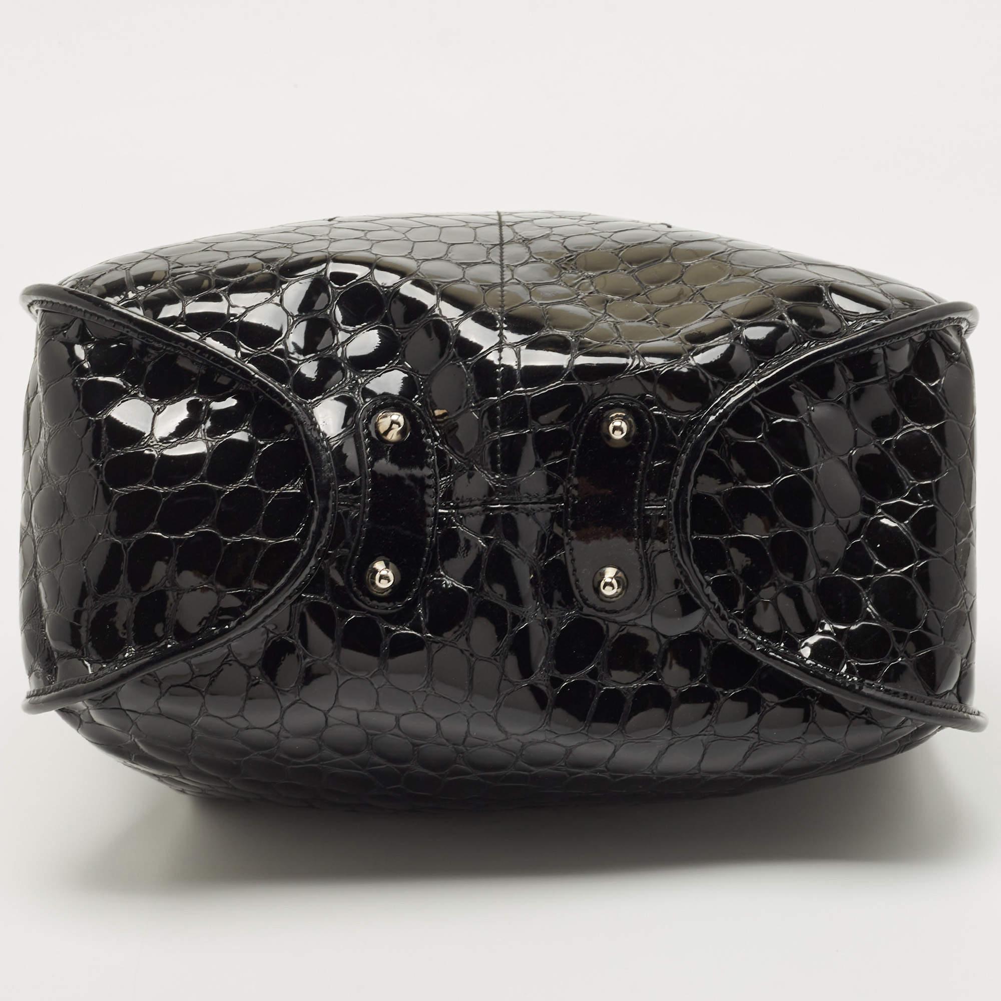 Women's Dior Black Croc Embossed Patent Leather 61 Hobo