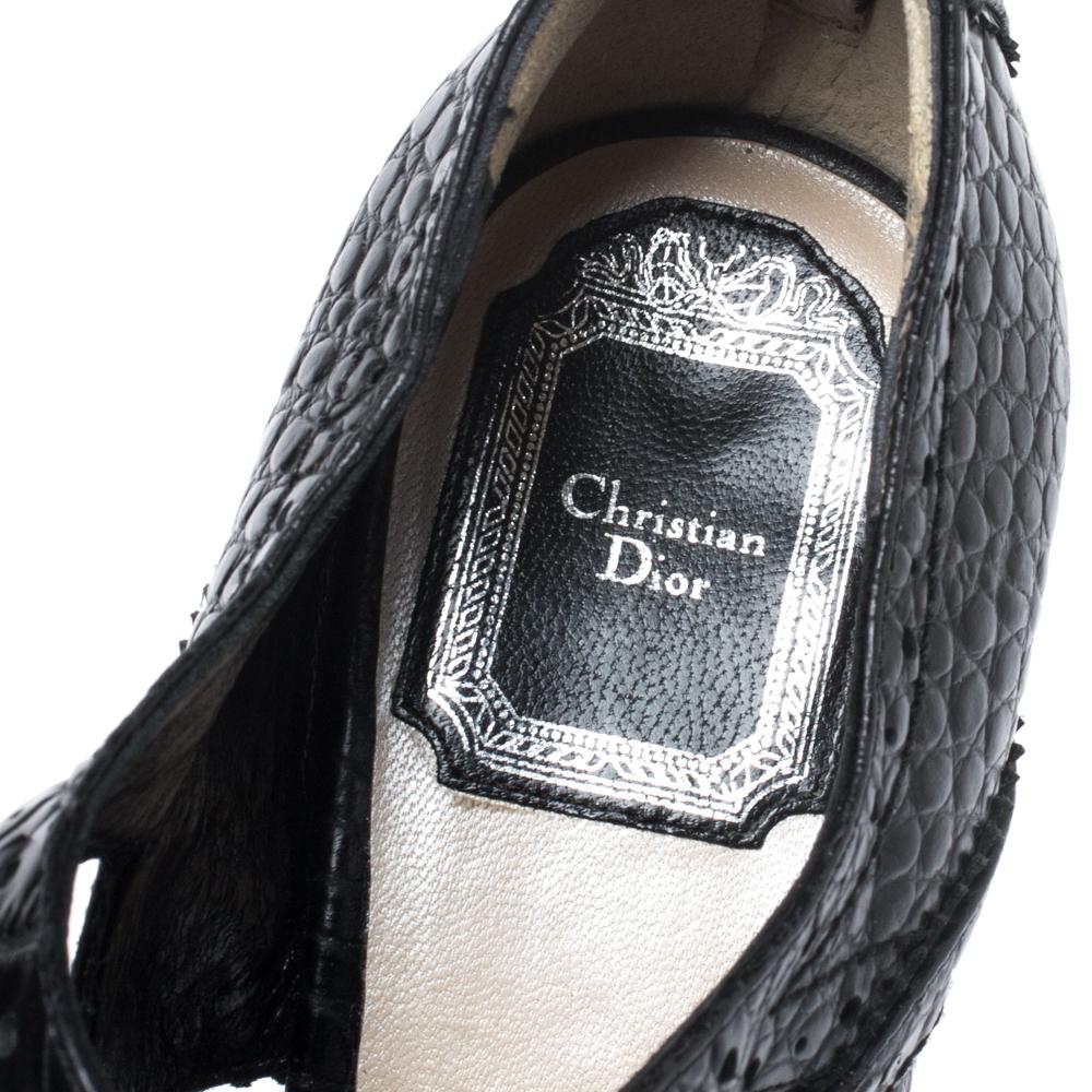 Beige Dior Black Croc Leather Wedge Bonnie Sandals Size 38