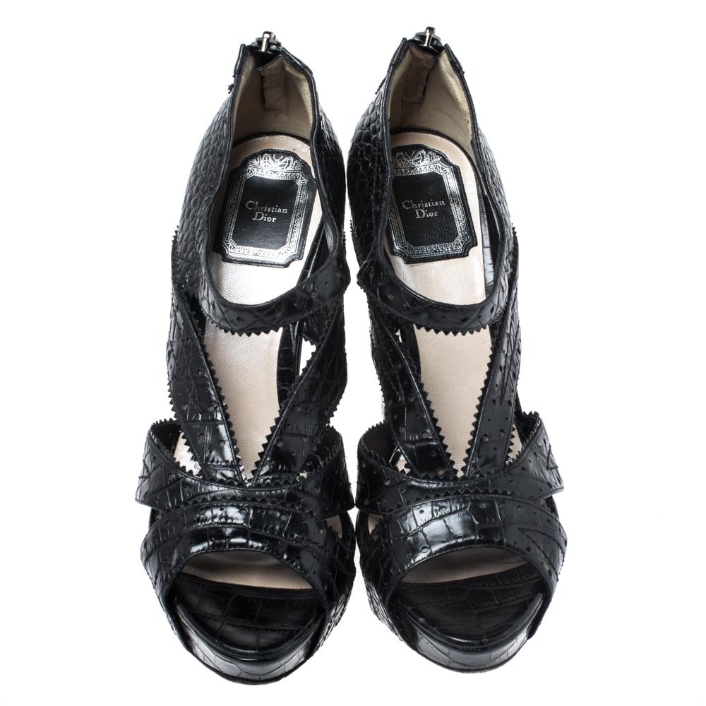 Dior Black Croc Leather Wedge Bonnie Sandals Size 38 In Good Condition In Dubai, Al Qouz 2