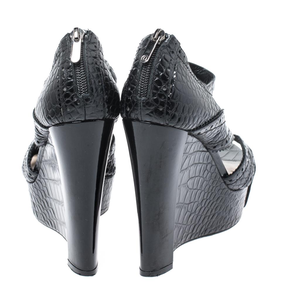 Women's Dior Black Croc Leather Wedge Bonnie Sandals Size 38