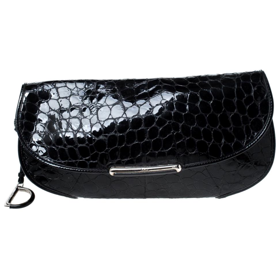 Dior Black Croc Patent Leather Oversized Wristlet Clutch For Sale at