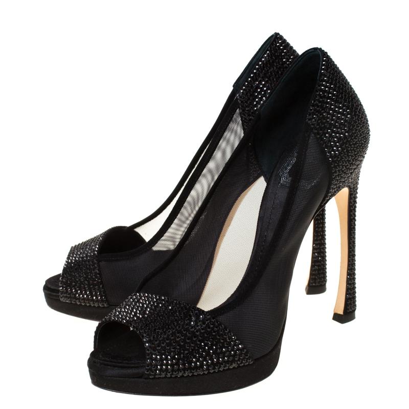 Dior Black Crystal Embellished Satin and Mesh Peep Toe Pumps Size 36.5 In Good Condition In Dubai, Al Qouz 2